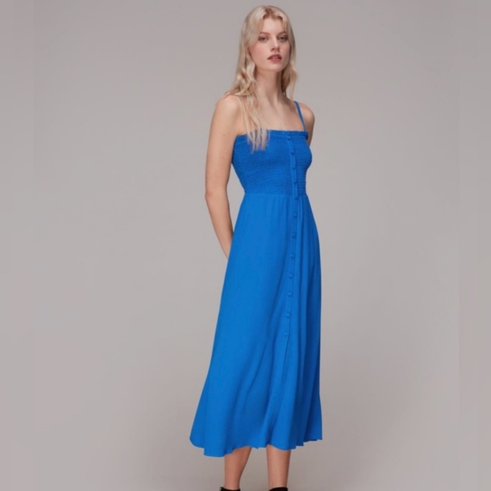 NWT Whistles Gracia Smocked Desss Royal Blue Strappy Midi Dress size 8